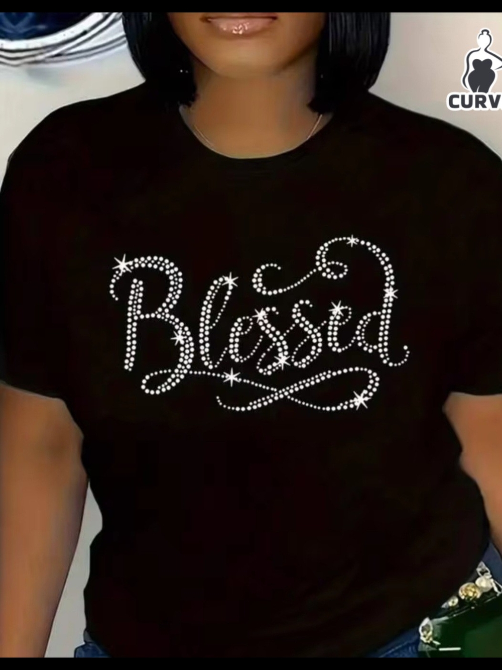 Women's Black Rhinestone 'Blessed' Short Sleeve Tee